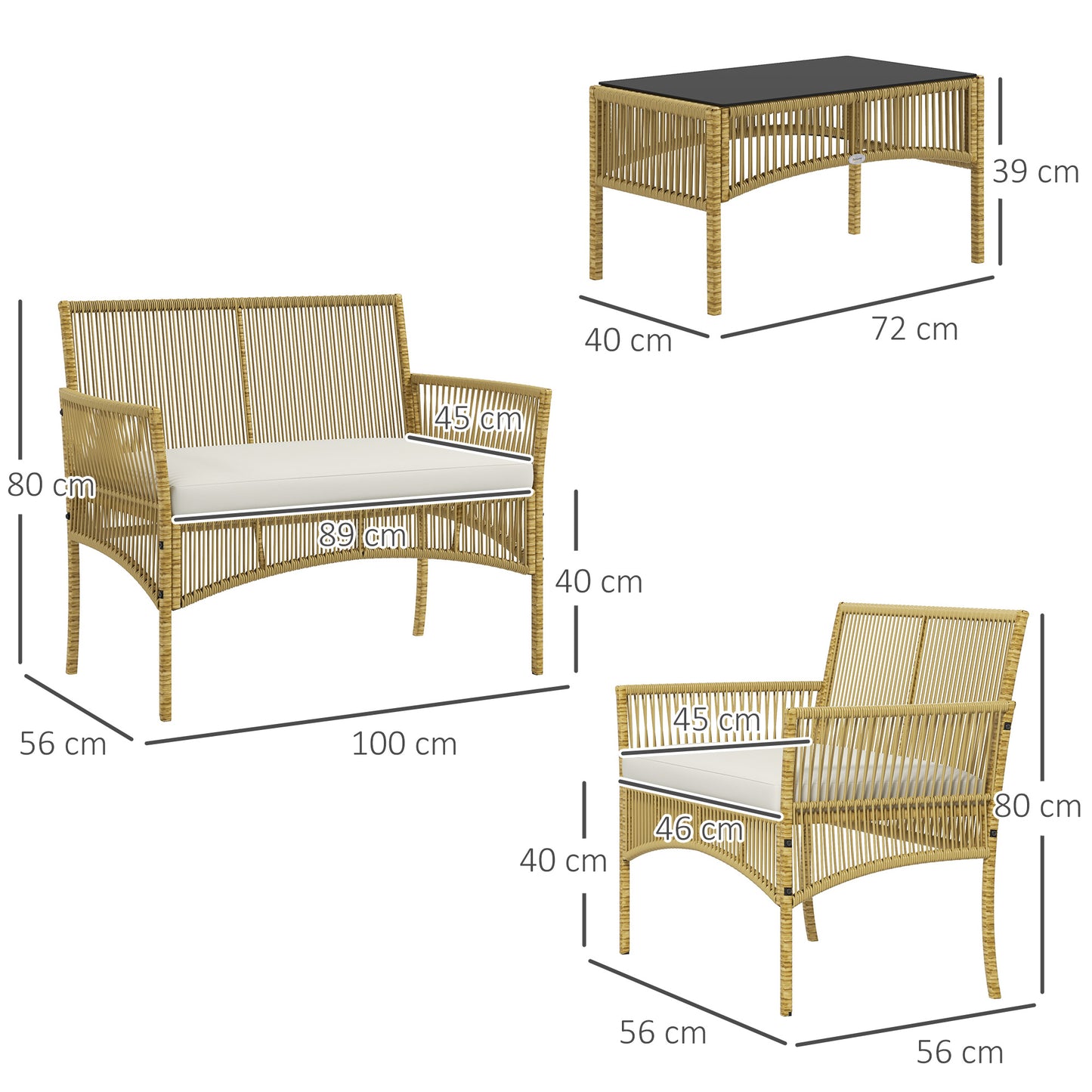 Outsunny Conjunto de Muebles de Jardín de Ratán Juego de 4 Piezas Muebles de Terraza con 1 Sofá de 2 Plazas 2 Sillones Cojines y 1 Mesa de Centro de Tablero de Vidrio para Patio Natural y Beige