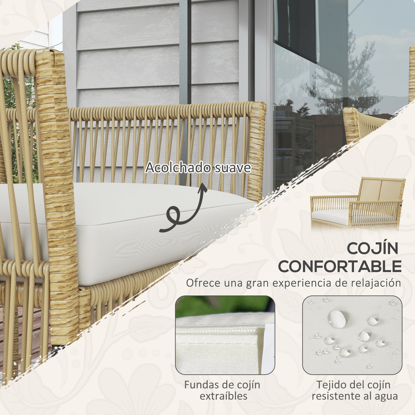 Outsunny Conjunto de Muebles de Jardín de Ratán Juego de 4 Piezas Muebles de Terraza con 1 Sofá de 2 Plazas 2 Sillones Cojines y 1 Mesa de Centro de Tablero de Vidrio para Patio Natural y Beige