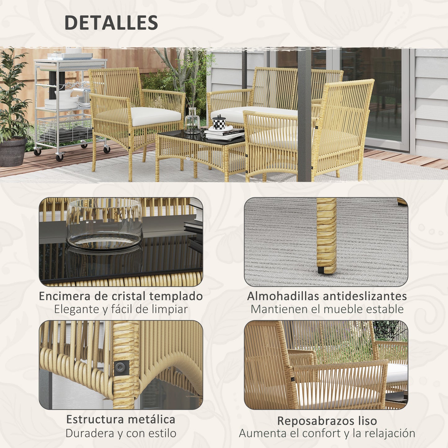 Outsunny Conjunto de Muebles de Jardín de Ratán Juego de 4 Piezas Muebles de Terraza con 1 Sofá de 2 Plazas 2 Sillones Cojines y 1 Mesa de Centro de Tablero de Vidrio para Patio Natural y Beige