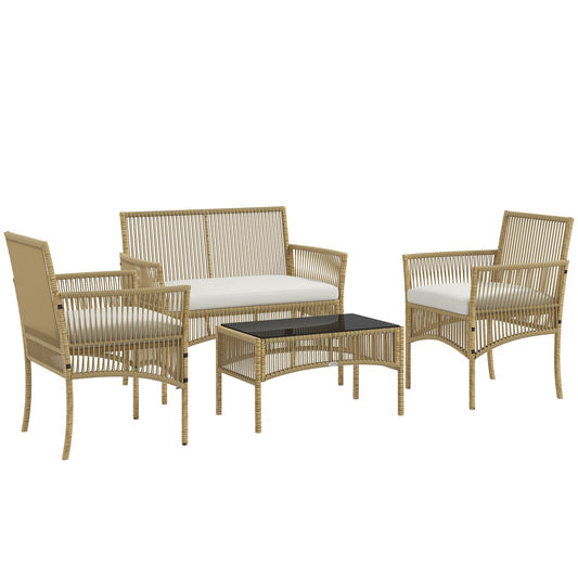 Outsunny Conjunto de Muebles de Jardín de Ratán Juego de 4 Piezas Muebles de Terraza con 1 Sofá de 2 Plazas 2 Sillones Cojines y 1 Mesa de Centro de Tablero de Vidrio para Patio Natural y Beige