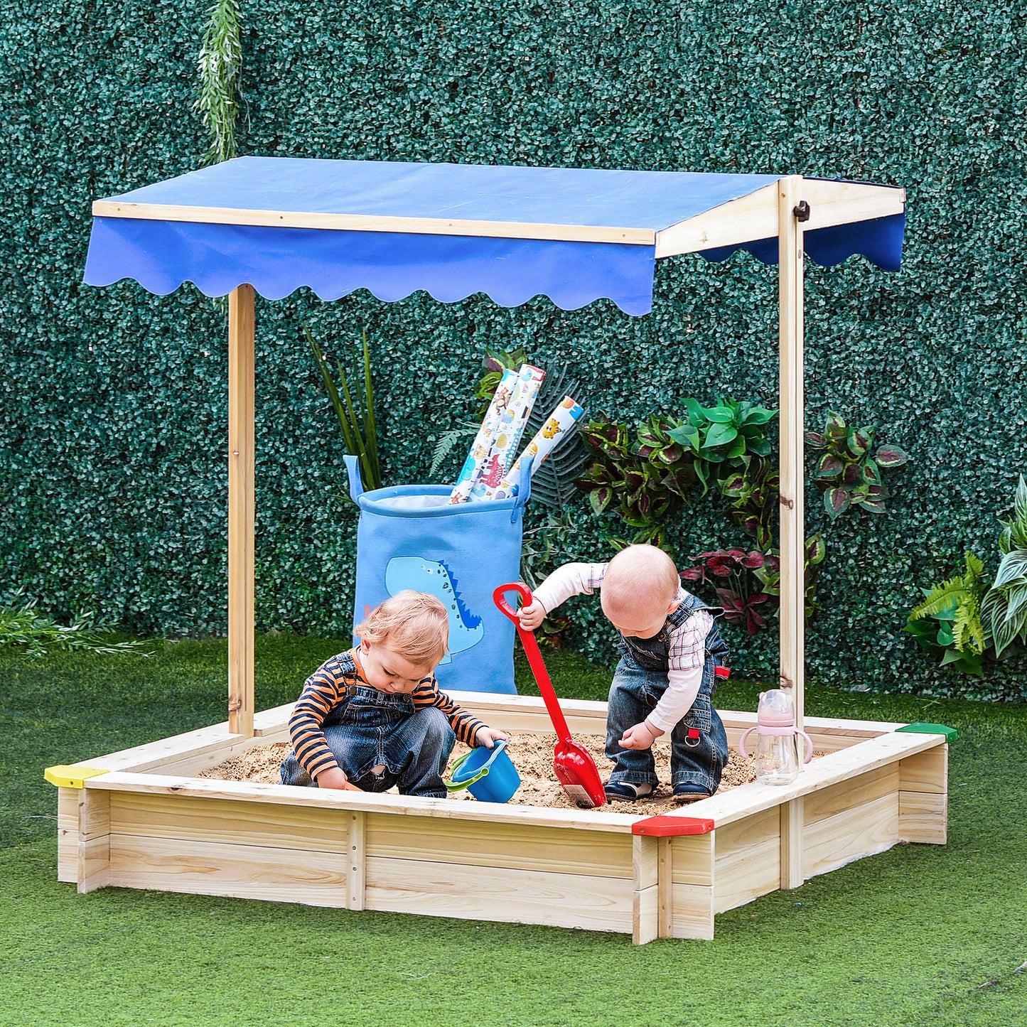 Outsunny Arenero de Madera para Niños con Techo Cajón de Arena Toldo Ajustable Espacioso 120x120x120 cm para Jardín Exterior al Aire Libre Color Madera Natural