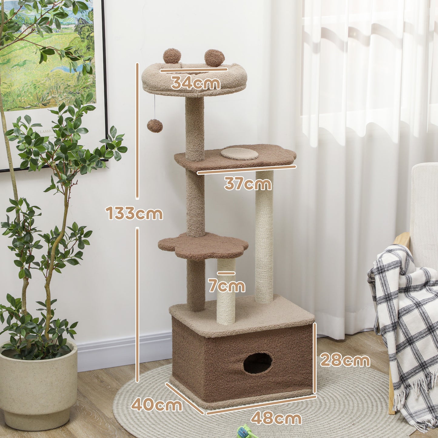 PawHut Árbol Rascador para Gatos Altura 133 cm Árbol para Gatos Torre para Gatos con Nido Plataformas Bola Colgante y Poste de Yute Café