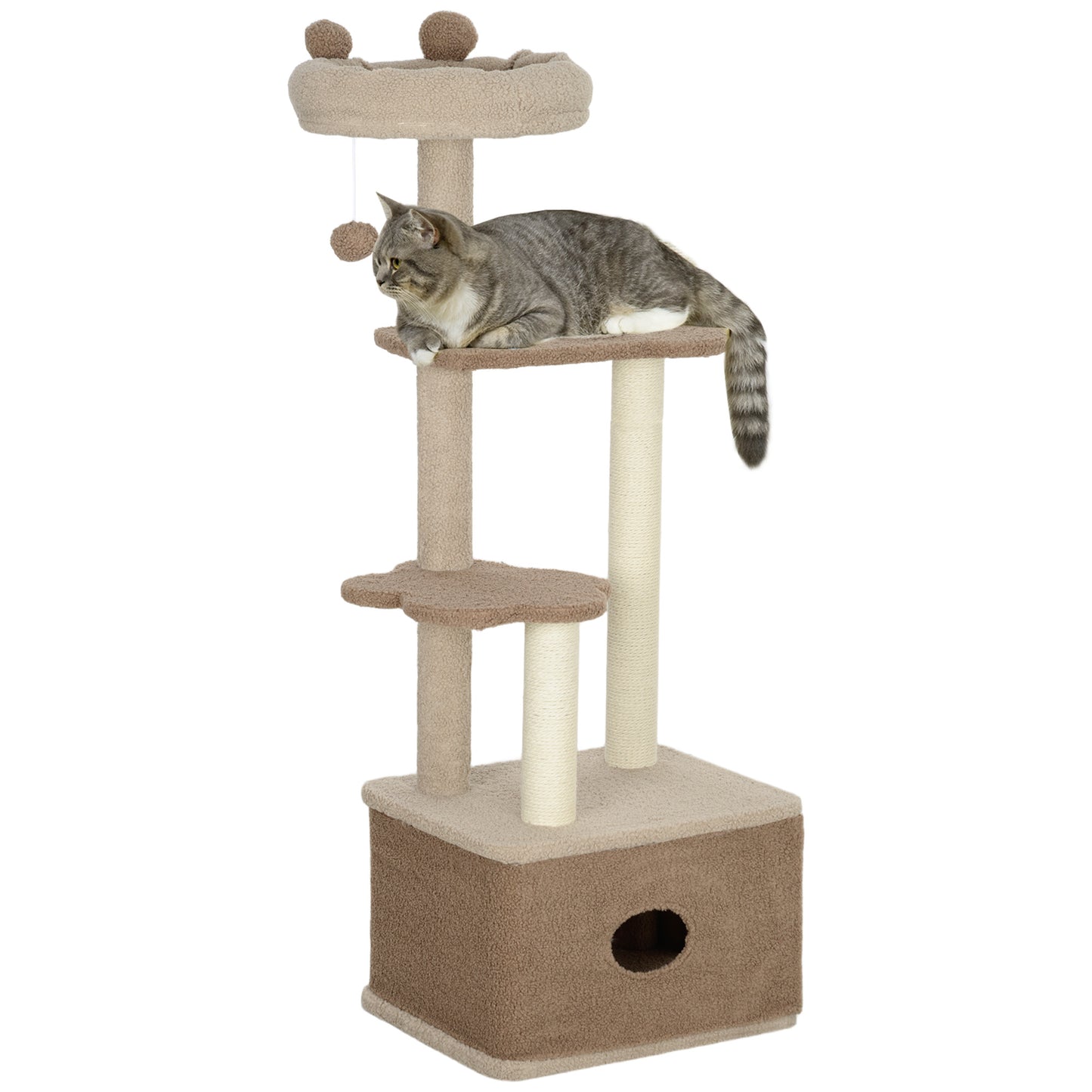 PawHut Árbol Rascador para Gatos Altura 133 cm Árbol para Gatos Torre para Gatos con Nido Plataformas Bola Colgante y Poste de Yute Café