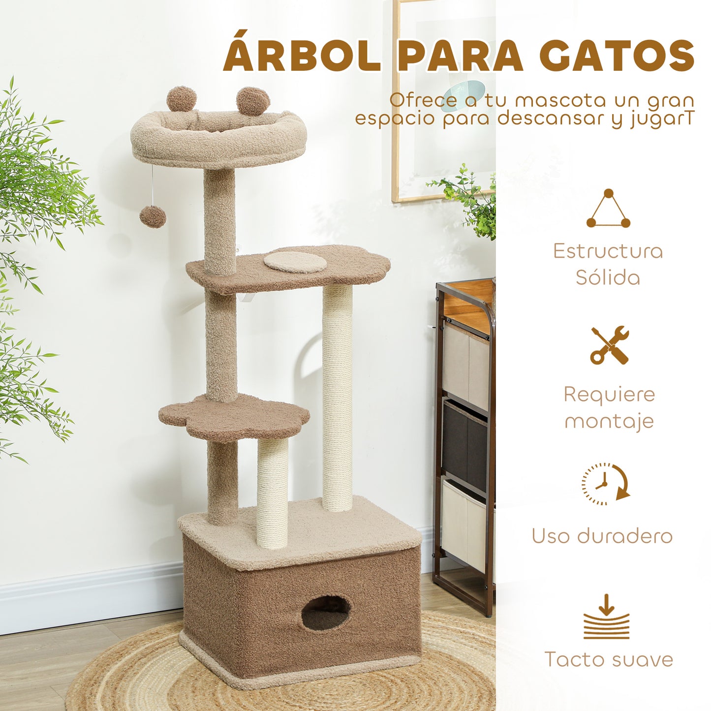 PawHut Árbol Rascador para Gatos Altura 133 cm Árbol para Gatos Torre para Gatos con Nido Plataformas Bola Colgante y Poste de Yute Café