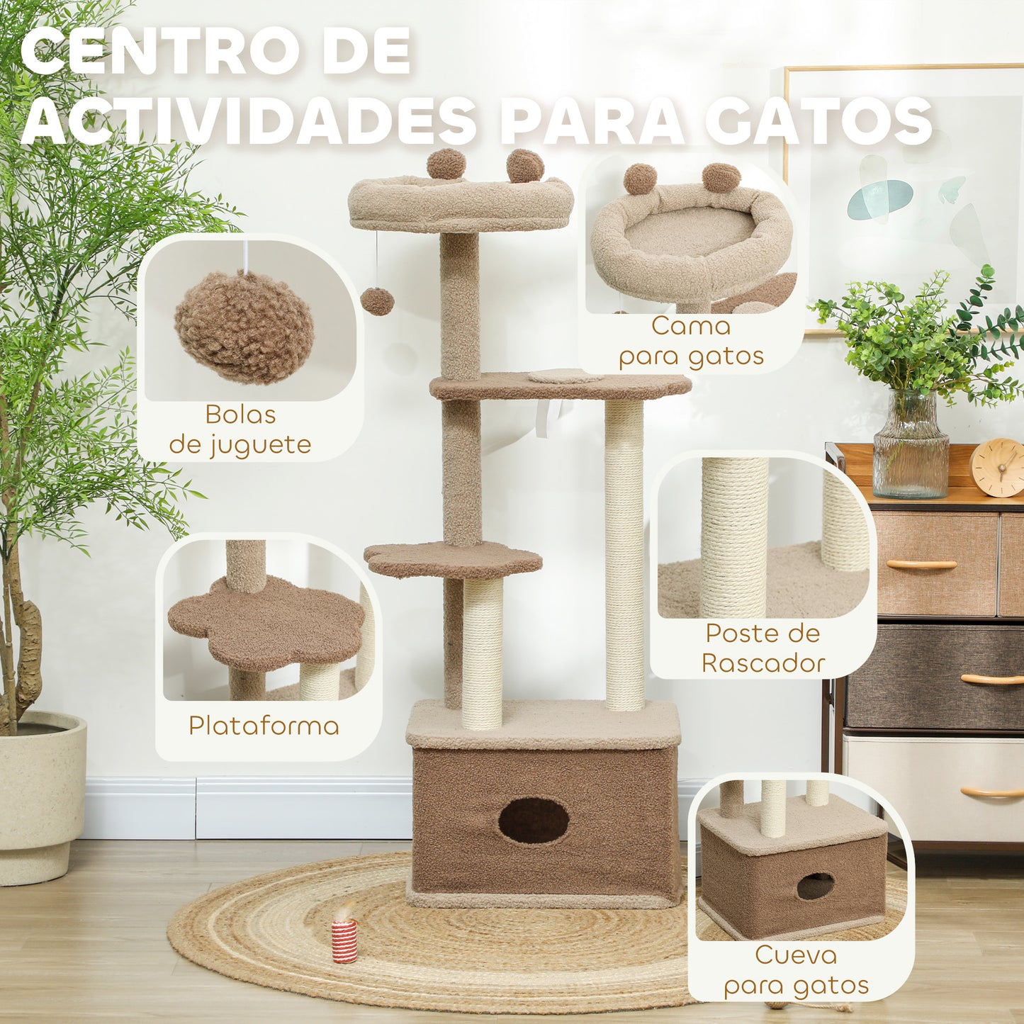 PawHut Árbol Rascador para Gatos Altura 133 cm Árbol para Gatos Torre para Gatos con Nido Plataformas Bola Colgante y Poste de Yute Café