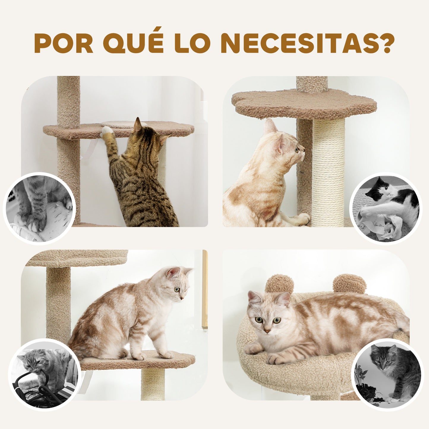 PawHut Árbol Rascador para Gatos Altura 133 cm Árbol para Gatos Torre para Gatos con Nido Plataformas Bola Colgante y Poste de Yute Café