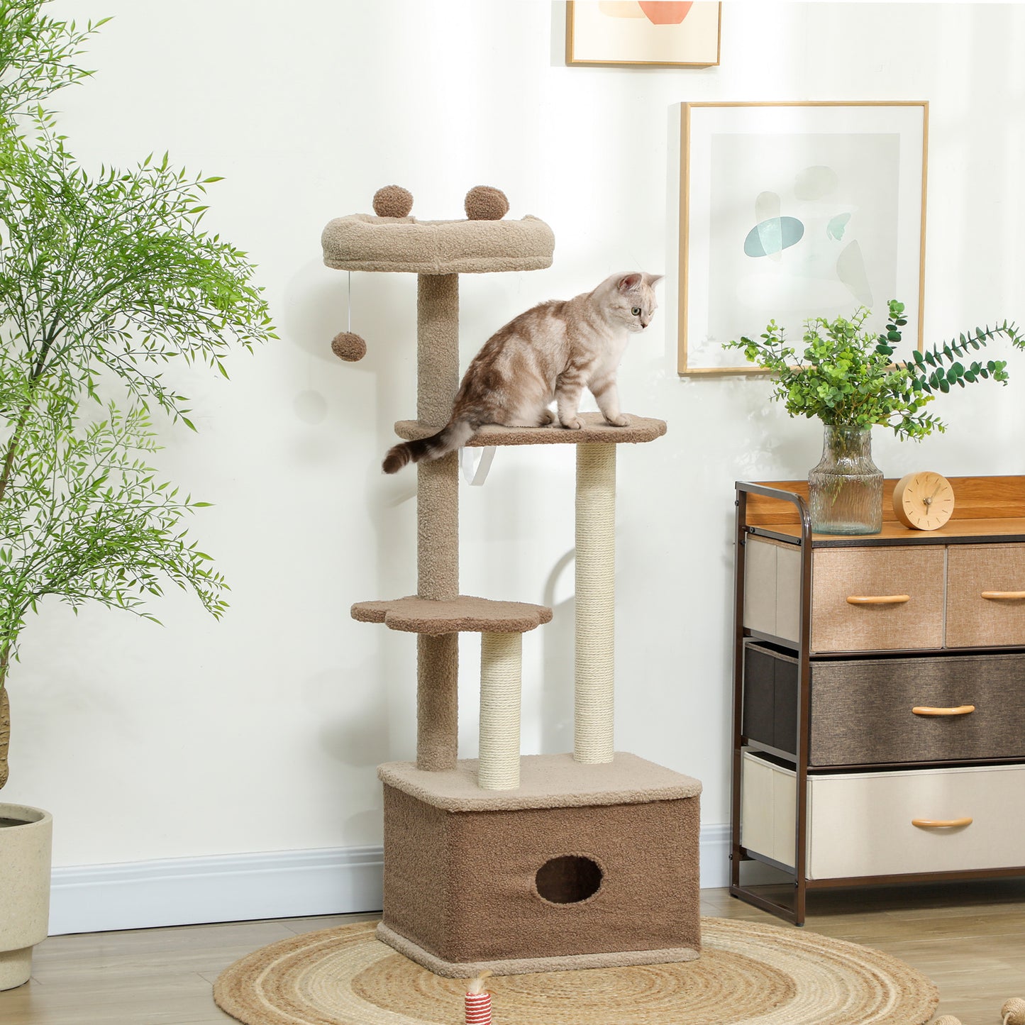 PawHut Árbol Rascador para Gatos Altura 133 cm Árbol para Gatos Torre para Gatos con Nido Plataformas Bola Colgante y Poste de Yute Café