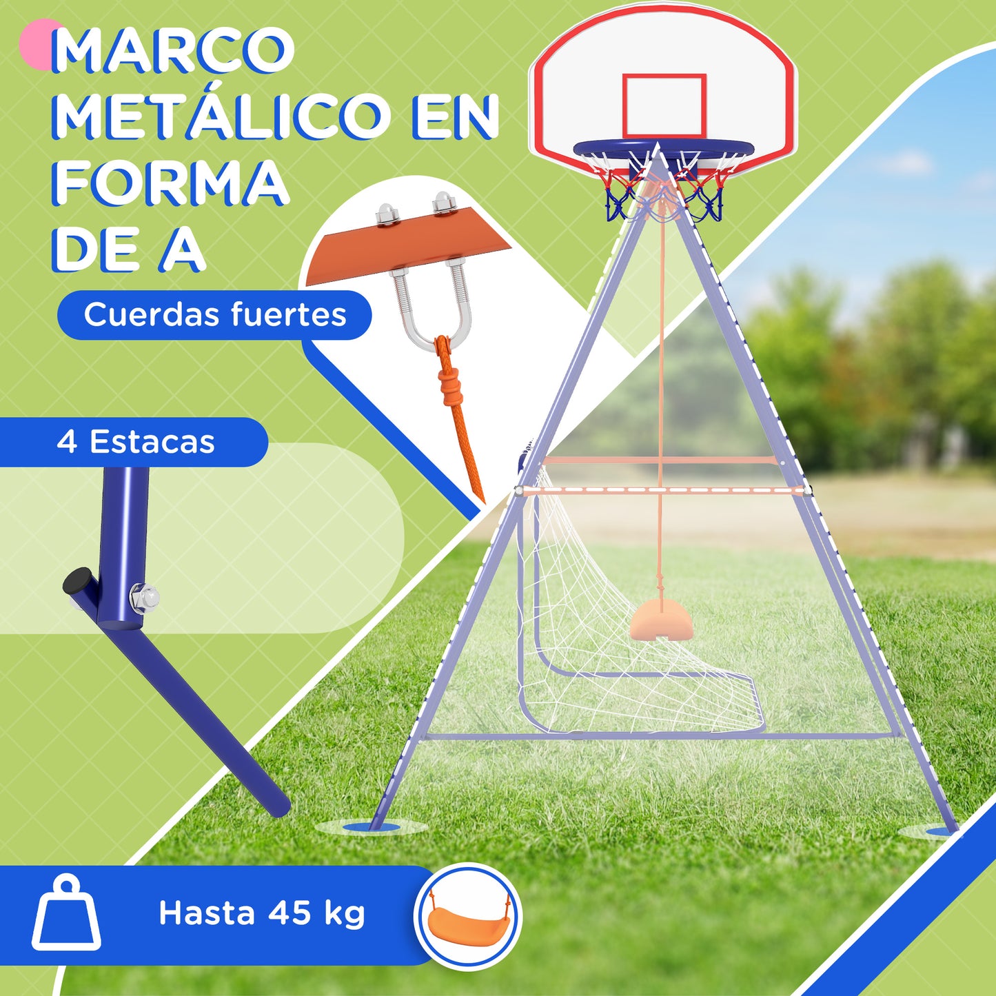 Outsunny Columpio Infantil 3 en 1 Columpio para Niños de 3-8 Años con Canasta y Portería de Fútbol Desmontable Marco de Acero Carga 45 kg para Exterior Multicolor