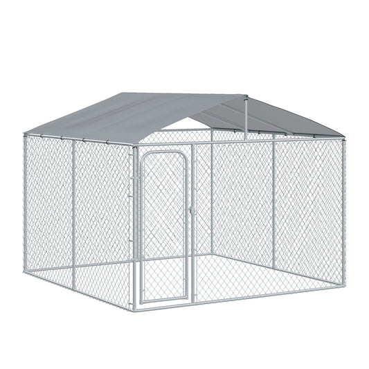 PawHut Perrera de Exterior con Toldo Jaula para Perros con 1 Puerta Anti-UV Impermeable y Marco de Acero para Jardín Patio 300x300x234 cm Plata