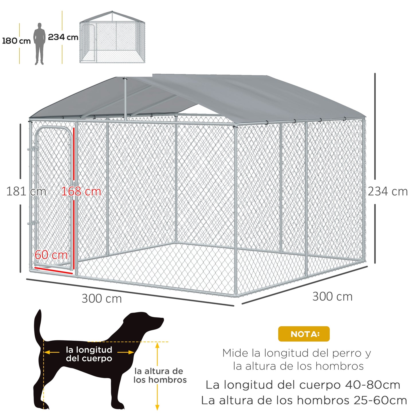 PawHut Perrera de Exterior con Toldo Jaula para Perros con 1 Puerta Anti-UV Impermeable y Marco de Acero para Jardín Patio 300x300x234 cm Plata