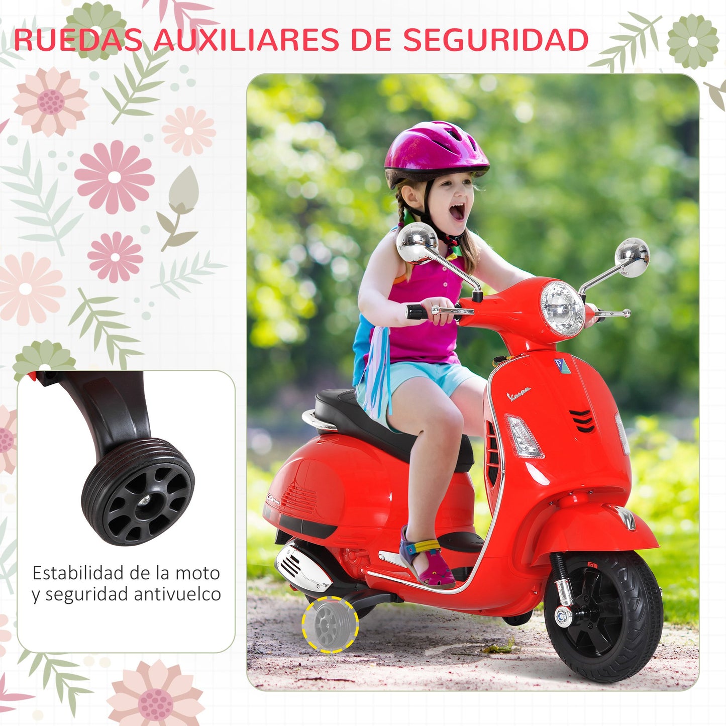 HOMCOM Moto Eléctrica para Niños de 3-6 Años con Licencia VESPA Moto de Batería para Niños con Música Velocidad 2-3 km/h y Bocina Carga 25 kg Rojo