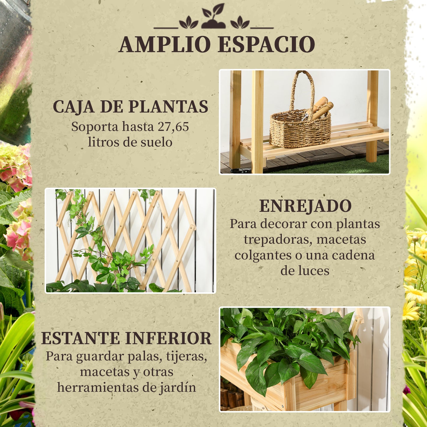 Outsunny Huerto Urbano Elevado de Madera con Ruedas Mesa de Cultivo con Enrejado Cama de Jardín Elevado con Tela no Tejida y Orificio de Drenaje para Plantas Flores 79x29x130 cm Natural