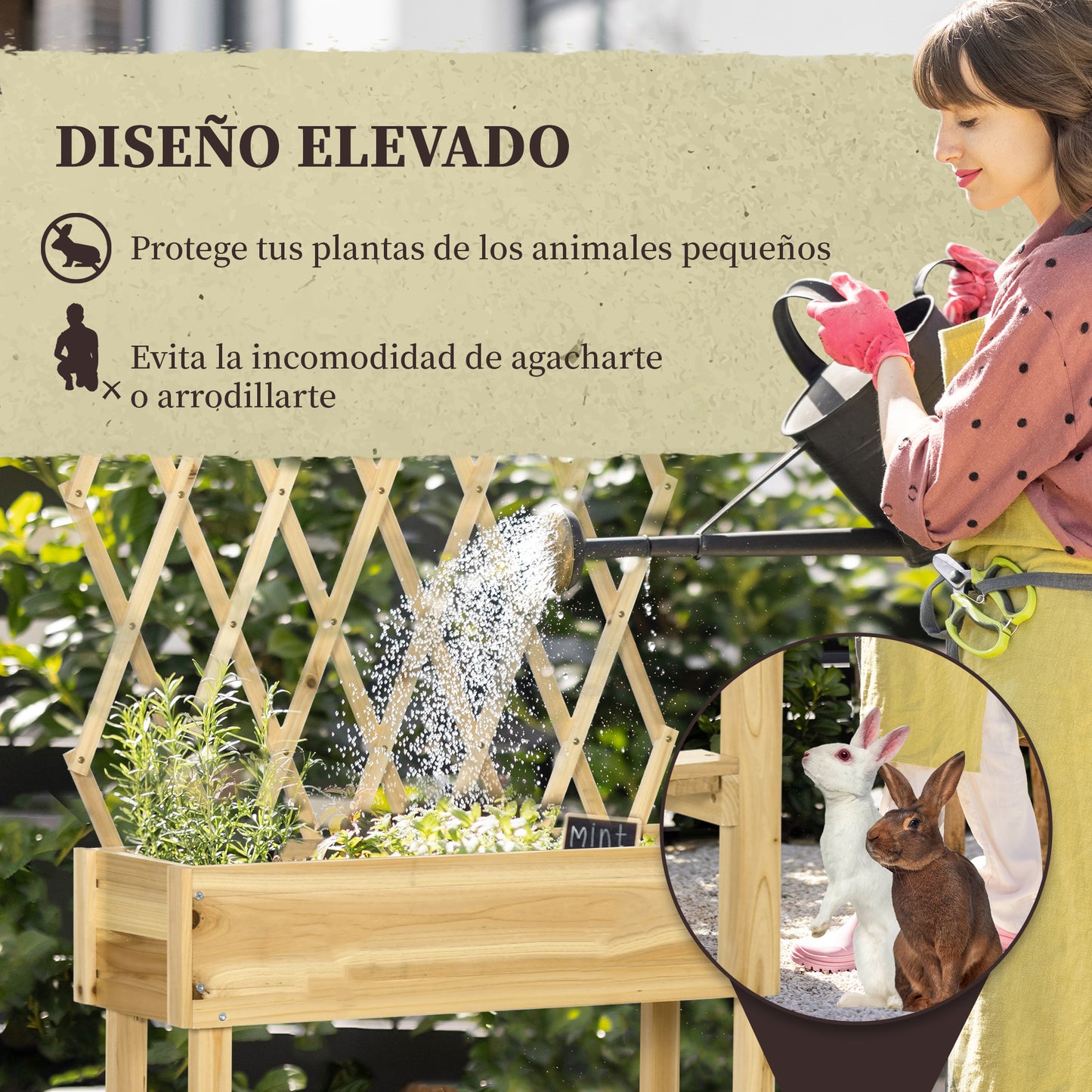 Outsunny Huerto Urbano Elevado de Madera con Ruedas Mesa de Cultivo con Enrejado Cama de Jardín Elevado con Tela no Tejida y Orificio de Drenaje para Plantas Flores 79x29x130 cm Natural