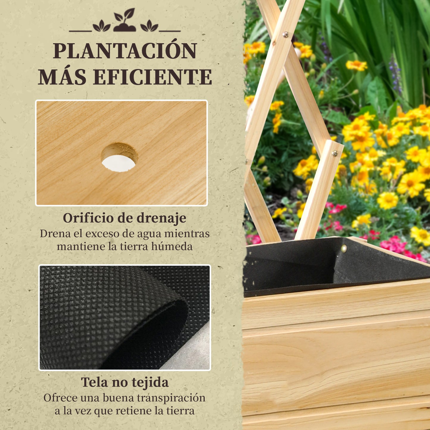 Outsunny Huerto Urbano Elevado de Madera con Ruedas Mesa de Cultivo con Enrejado Cama de Jardín Elevado con Tela no Tejida y Orificio de Drenaje para Plantas Flores 79x29x130 cm Natural