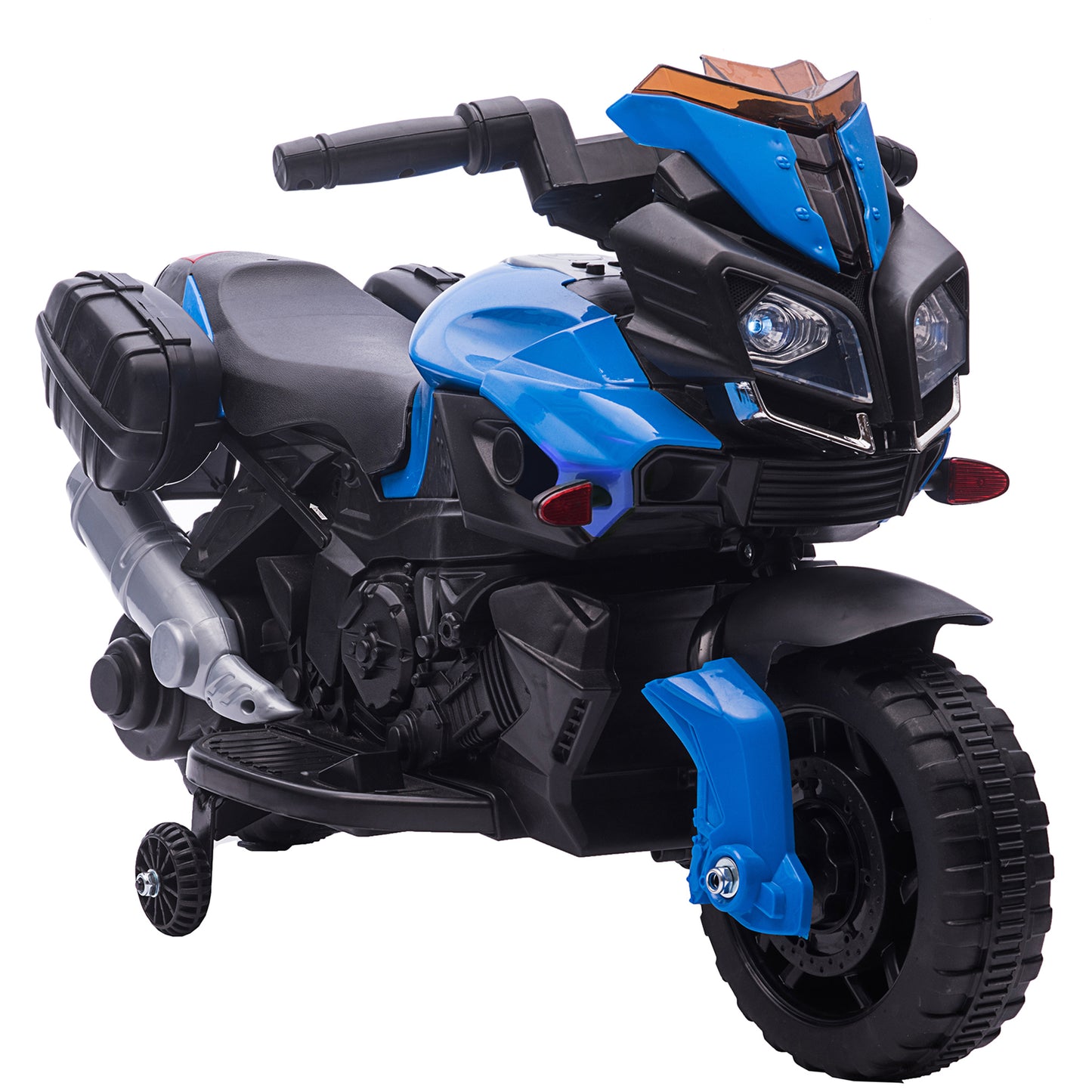 HOMCOM Moto Eléctrica para Niños de 18-48 Meses Motocicleta de Batería 6V con Faros Bocina 2 Ruedas de Equilibrio y Velocidad 3 km/h Carga 25 kg 88,5x42,5x49 cm Azul y Negro