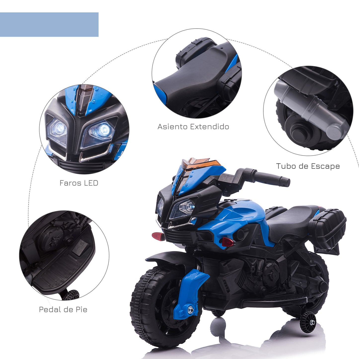 HOMCOM Moto Eléctrica para Niños de 18-48 Meses Motocicleta de Batería 6V con Faros Bocina 2 Ruedas de Equilibrio y Velocidad 3 km/h Carga 25 kg 88,5x42,5x49 cm Azul y Negro