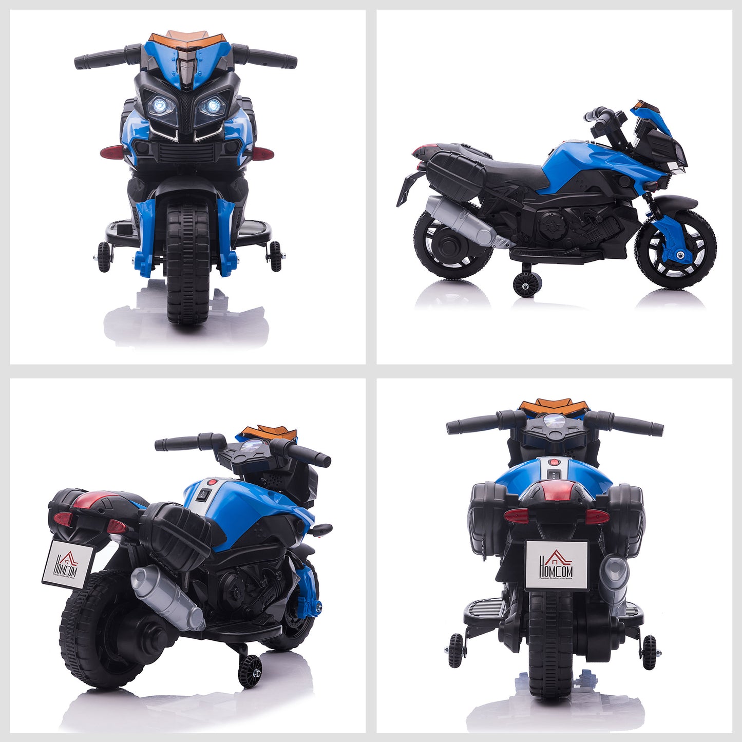 HOMCOM Moto Eléctrica para Niños de 18-48 Meses Motocicleta de Batería 6V con Faros Bocina 2 Ruedas de Equilibrio y Velocidad 3 km/h Carga 25 kg 88,5x42,5x49 cm Azul y Negro