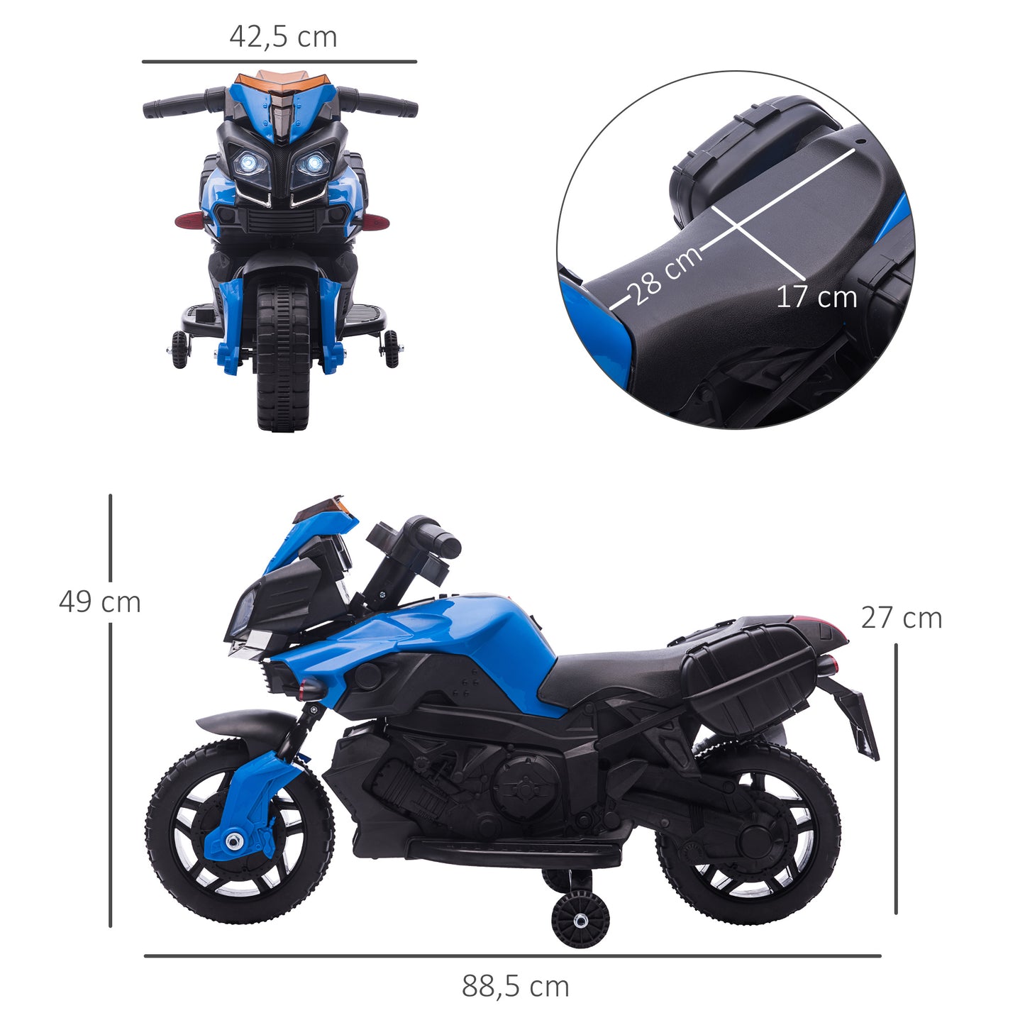 HOMCOM Moto Eléctrica para Niños de 18-48 Meses Motocicleta de Batería 6V con Faros Bocina 2 Ruedas de Equilibrio y Velocidad 3 km/h Carga 25 kg 88,5x42,5x49 cm Azul y Negro