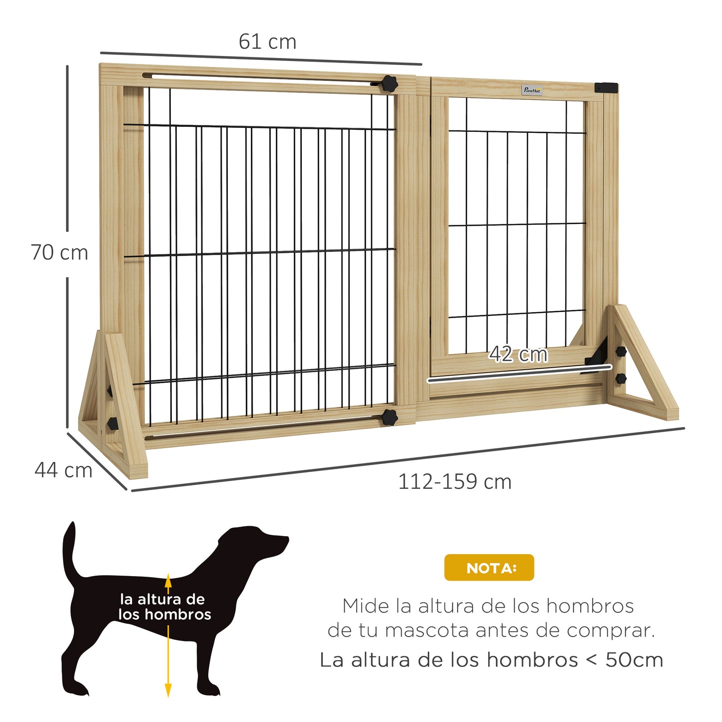 PawHut Barrera para Perros de Madera Valla para Mascotas Extensible de 2 Paneles con Patas de Apoyo Triangulares para Puerta Pasillo Escalera 112-159x44x70 cm Natural