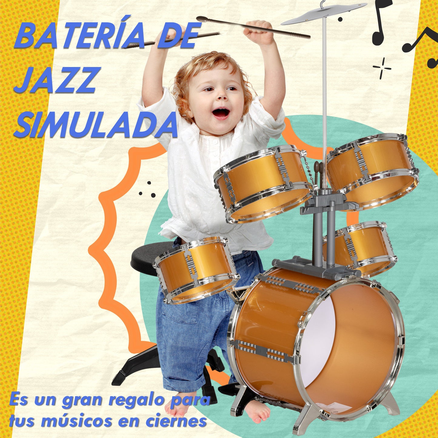 AIYAPLAY Batería Infantil con Taburete Batería para Niños de +3 Años con Tambores Bombo Platillo Pedal y Baquetas 65x36x76 cm Dorado