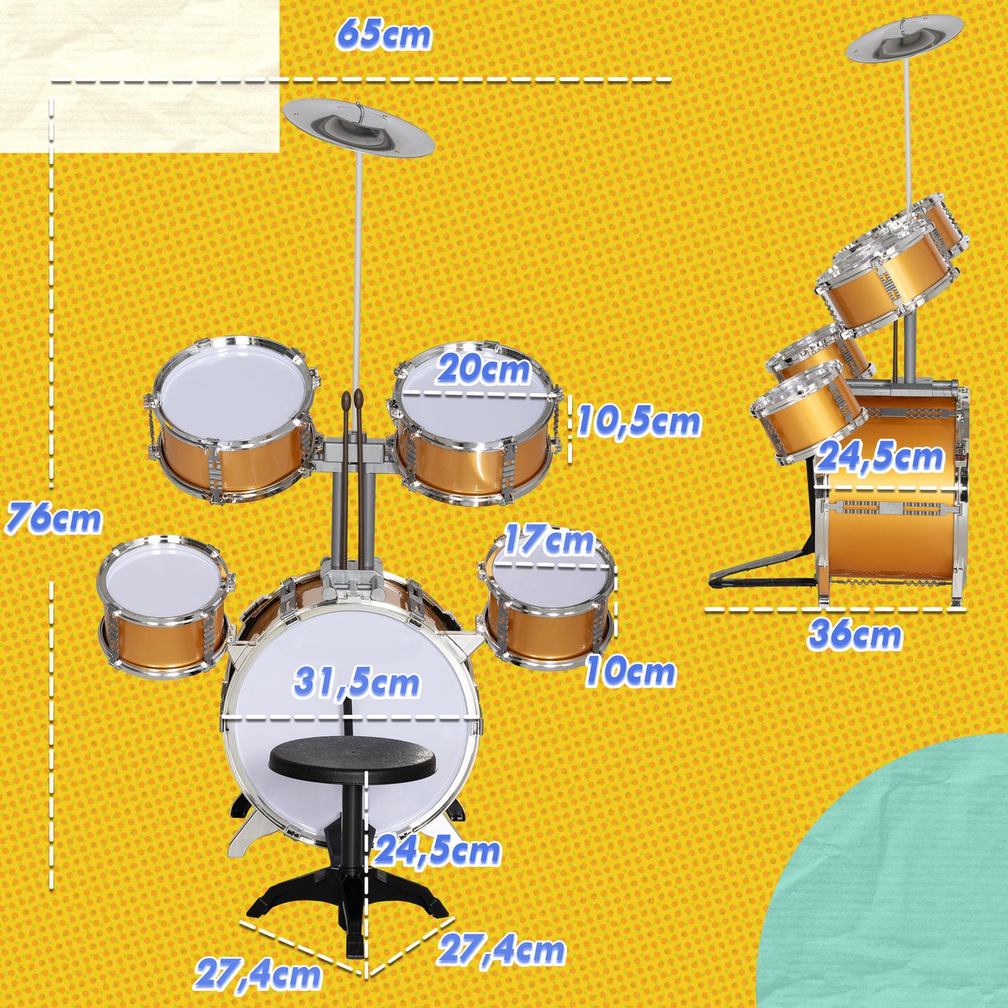 AIYAPLAY Batería Infantil con Taburete Batería para Niños de +3 Años con Tambores Bombo Platillo Pedal y Baquetas 65x36x76 cm Dorado