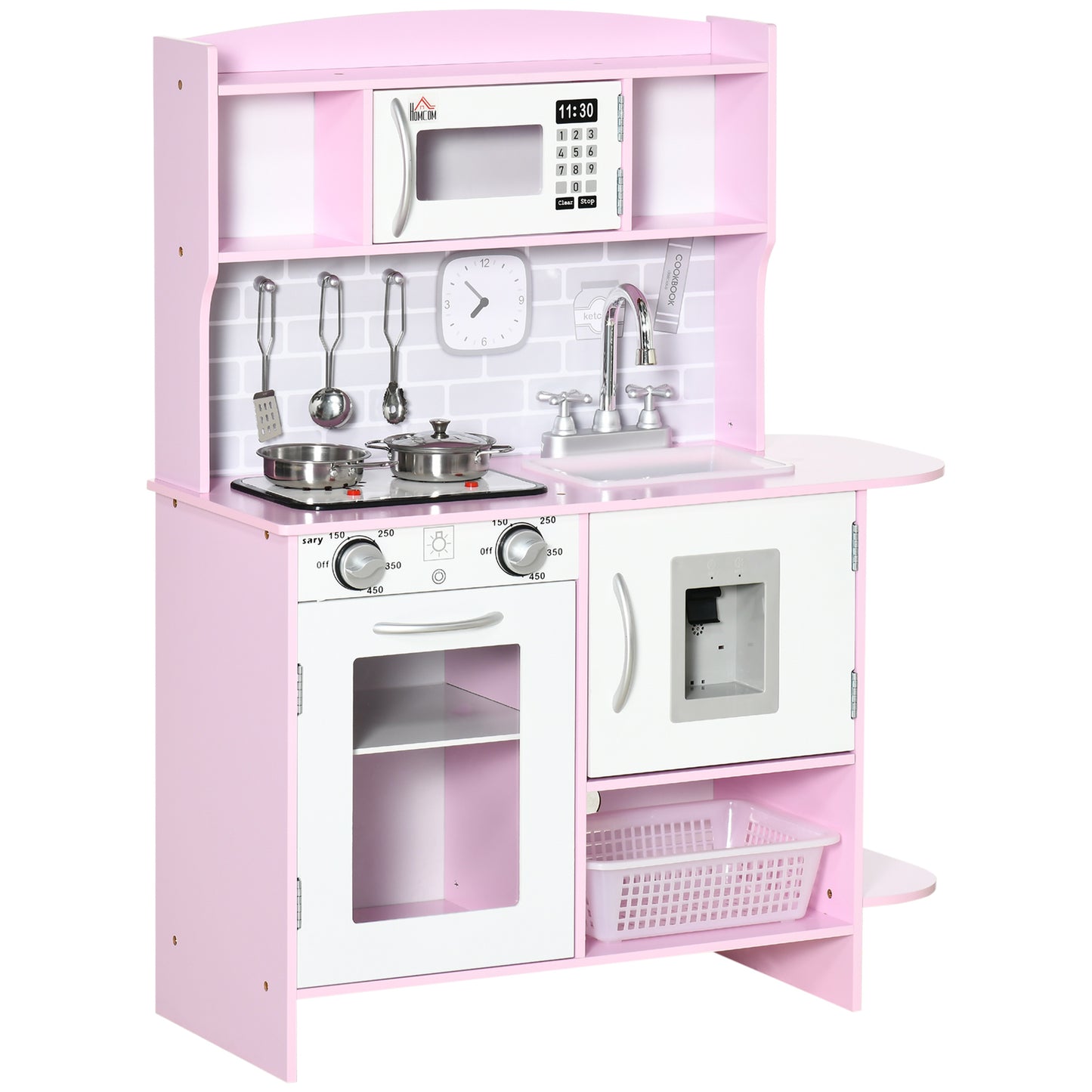 HOMCOM Cocina de Juguete de Madera para Niños de +3 Años Cocinita de Juguete con Luz Sonidos Fregadero Grifo con Agua Placa de Cocina Dispensador de Agua y Horno 70x29x90 cm Rosa