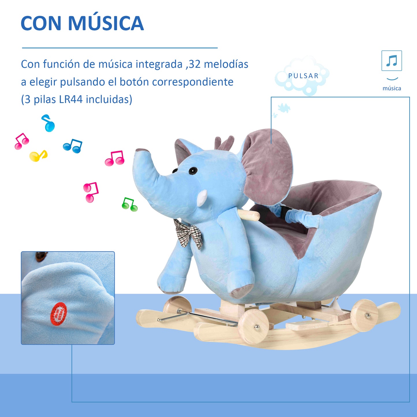 HOMCOM Caballito Balancín con Ruedas Forma de Elefante Caballo Balancín para Bebés de +18 Meses con Músicas Infantiles y Cinturón de Seguridad Carga 60 kg 60x35x45 cm Azul