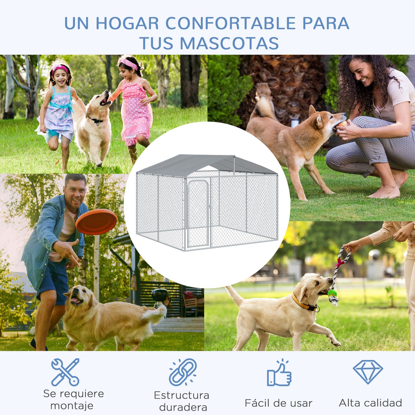 PawHut Perrera de Exterior con Toldo Jaula para Perros con 1 Puerta Anti-UV Impermeable y Marco de Acero para Jardín Patio 300x300x234 cm Plata