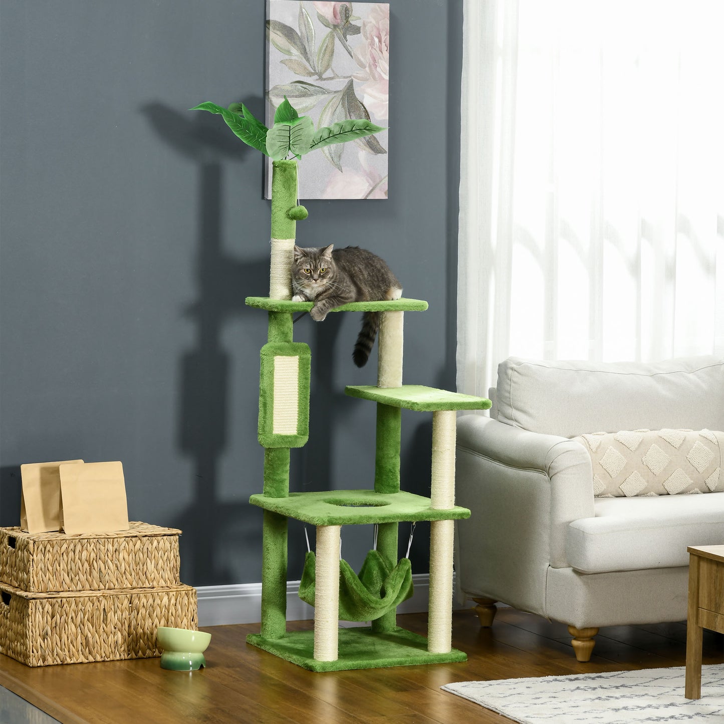 PawHut Árbol Rascador para Gatos Grandes de 142 cm Torre para Gatos de Interior con Postes de Sisal Plataformas Hamaca Hojas y Bola de Juguete 49x49x142 cm Verde