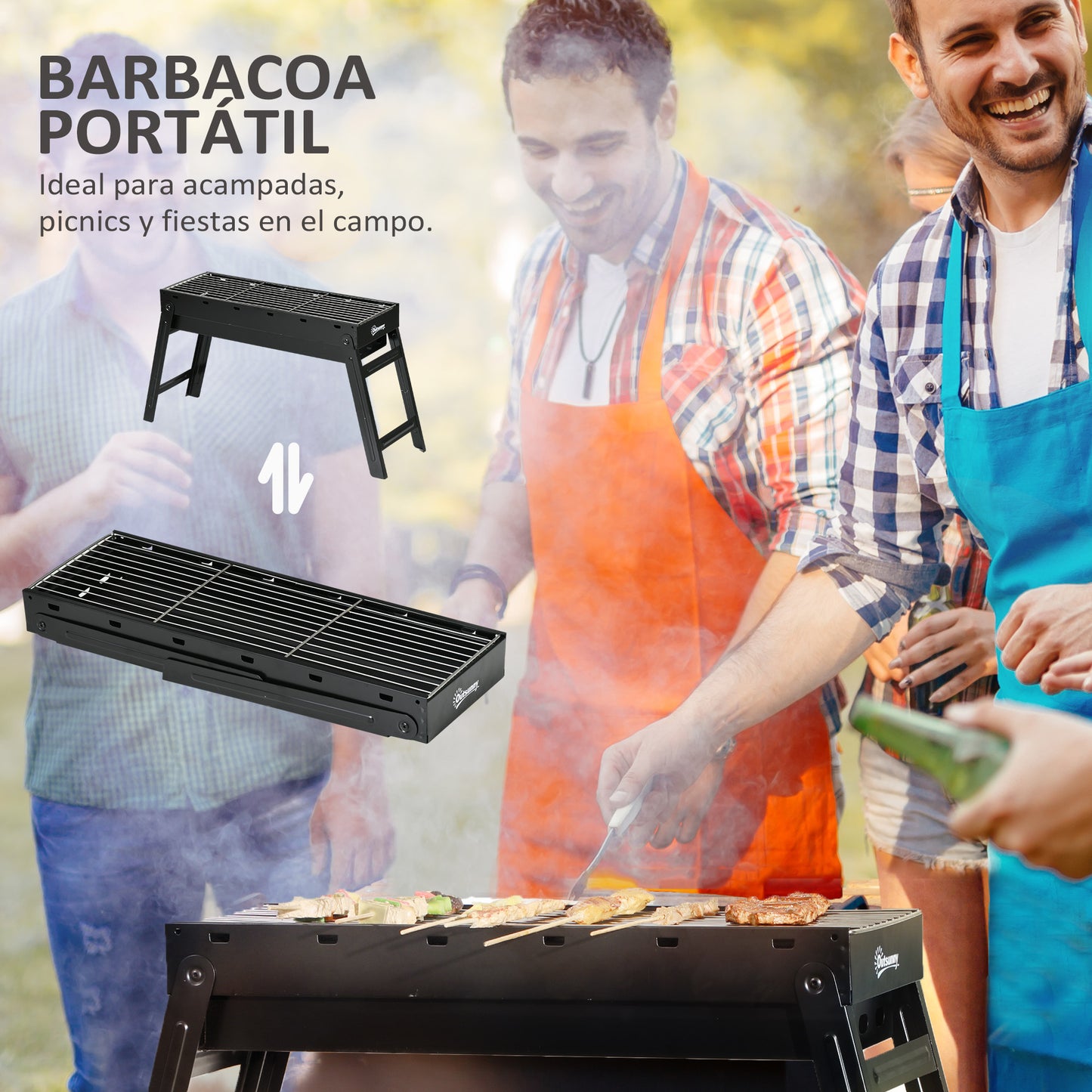 Outsunny Barbacoa de Carbón Plegable Barbacoa Portátil con Parrillas de Acero Inoxidable BBQ de Carbón para Exterior 74x20x38 cm Negro