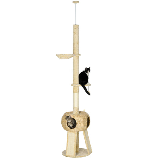 PawHut Árbol para Gatos de Suelo a Techo de 225-255 cm Torre para Gatos Altura Ajustable con Cueva Plataformas Hamaca Postes Rascadores Rampas y Bolas Colgantes Ø48x225-255 cm Beige