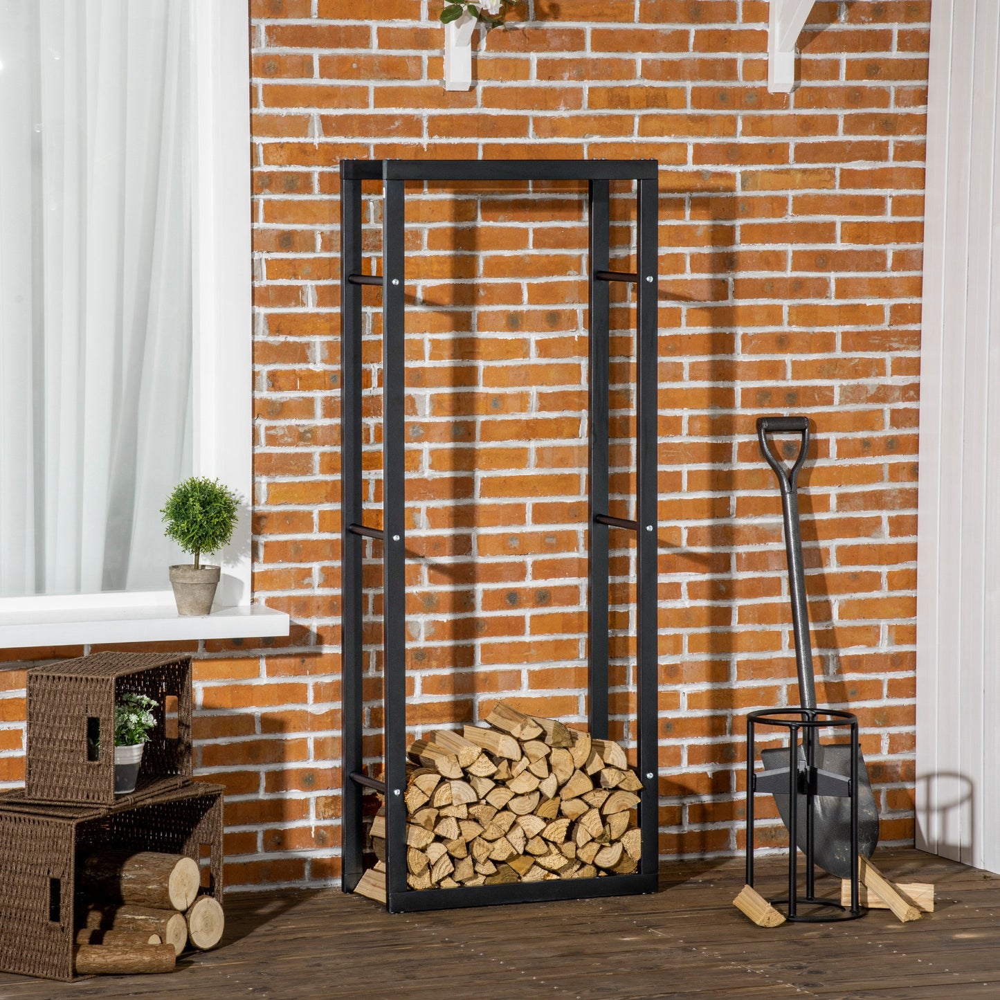 HOMCOM Soporte para Leña Estante de Leña Metálico Leñero de Exterior de Metal para Interior y Exterior Carga 100 kg 60x25x150 cm Negro