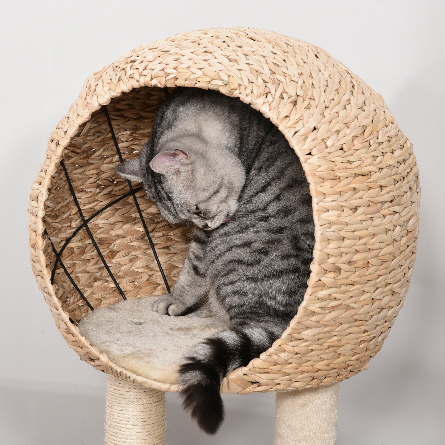 PawHut Árbol Rascador para Gatos 48x40x100 cm Torre de Escalada con Plataformas Caseta de Totora Bola y Cuerda de Juego Poste de Sisal Beige