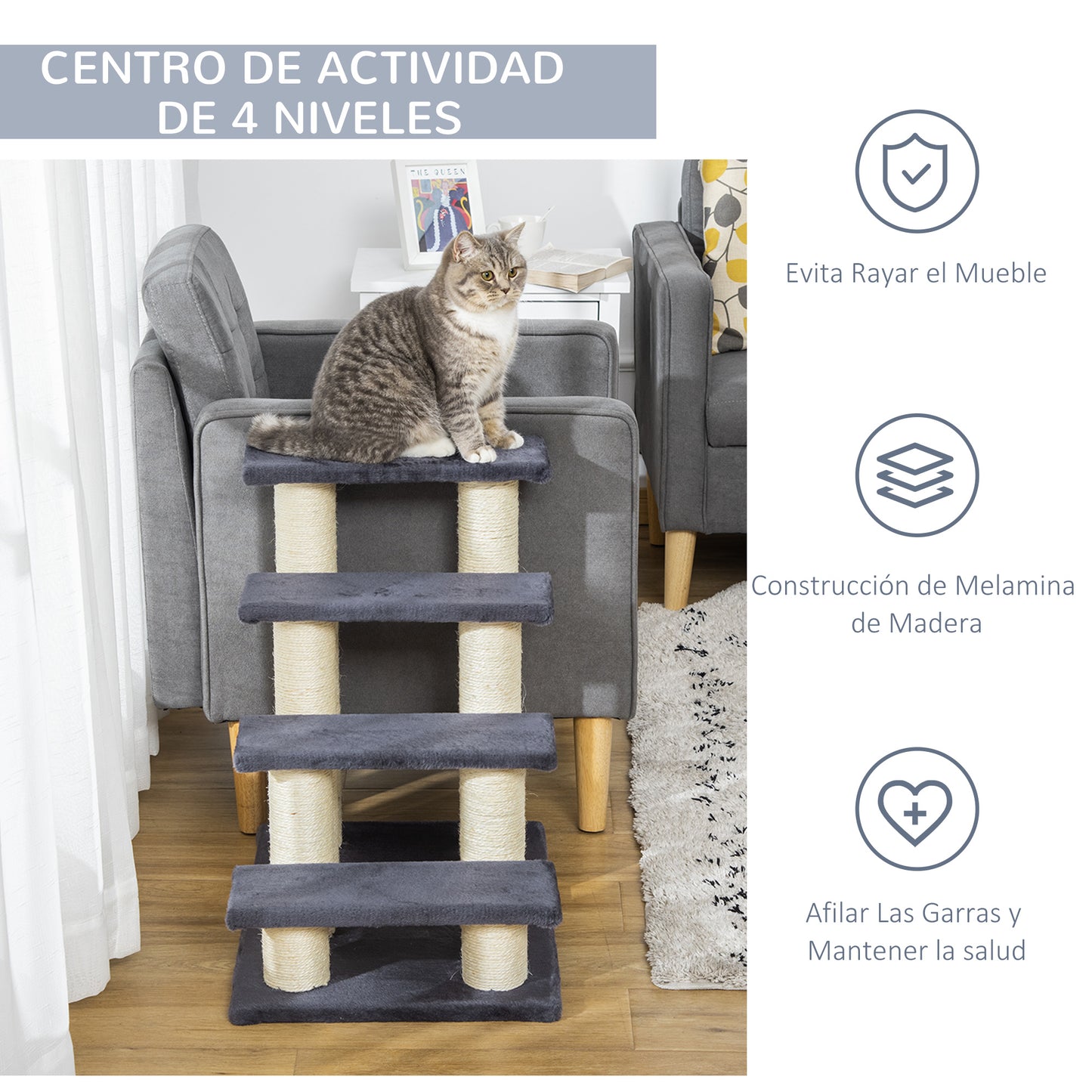 PawHut Escalera para Mascotas 60x42x61 cm Escalera para Gatos Perros Mayores Enfermos Pequeños Cubierta Suave de Peluche Rascador de Sisal Estable 4 Pasos Gris