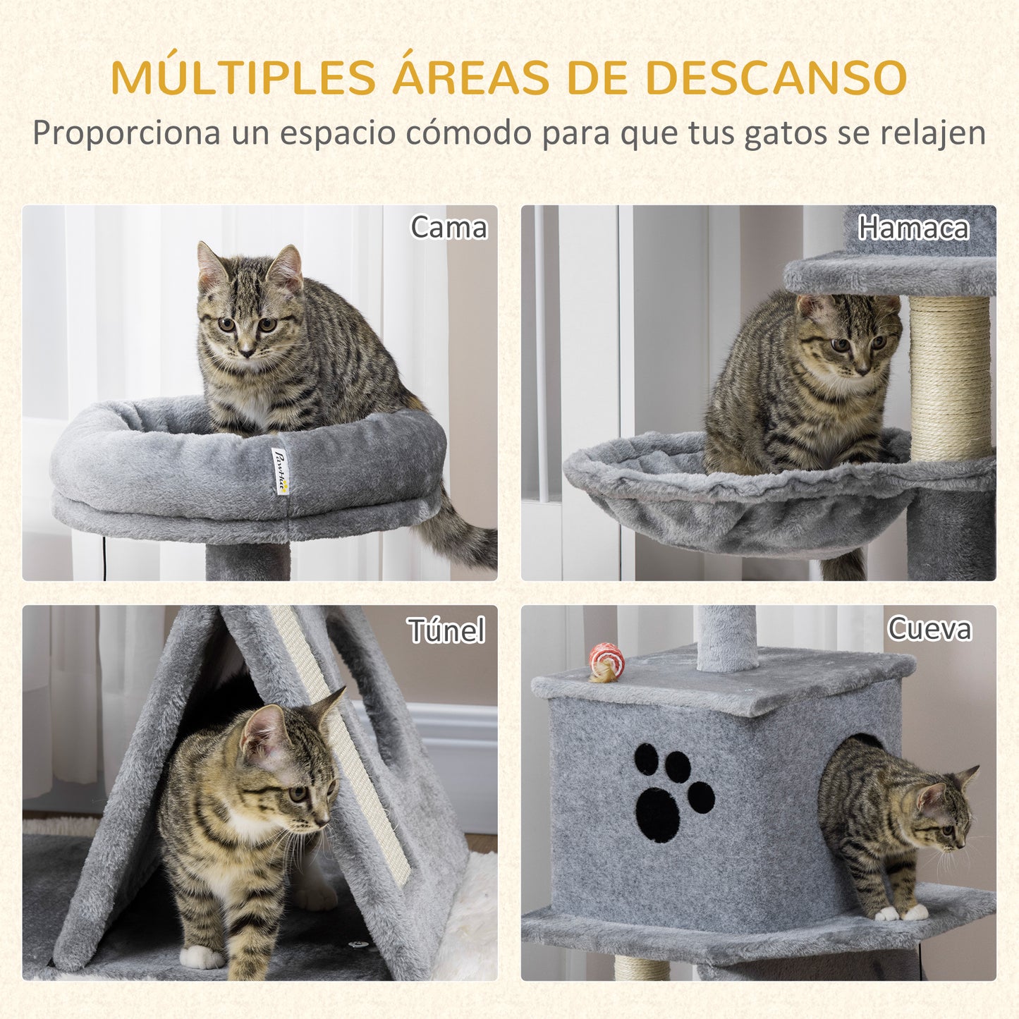 PawHut Árbol Rascador para Gatos Altura 111 cm Torre para Gatos con Cama Cueva Hamaca Bola Colgante Postes y Rampa de Sisal 50x40x111 cm Gris