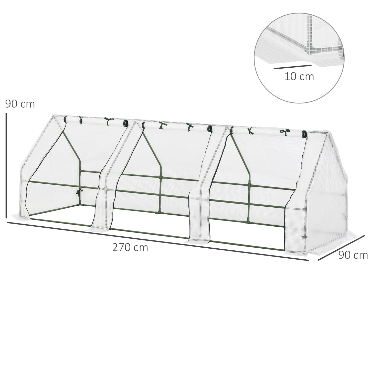 Outsunny Invernadero de Exterior Invernadero de Jardín Terraza 270x90x90 cm Tipo Caseta Tubo de Acero Vivero Casero con 3 Ventanas para Cultivo Plantas Flores Tomates Blanco