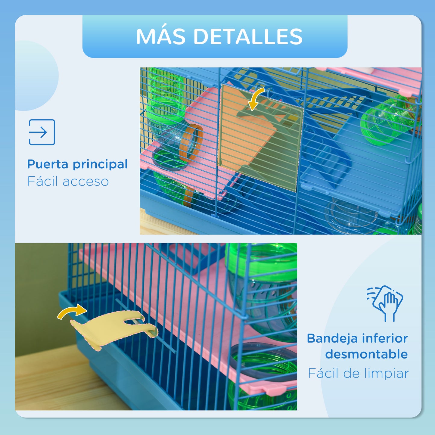 PawHut Jaula para Hámster Hábitat para Animales Pequeños de Múltiples Niveles con 4 Plataformas Cuenco de Comida Bebedero Rueda de Ejercicio Escaleras Sistema de Tubos 47x30x59 cm Azul