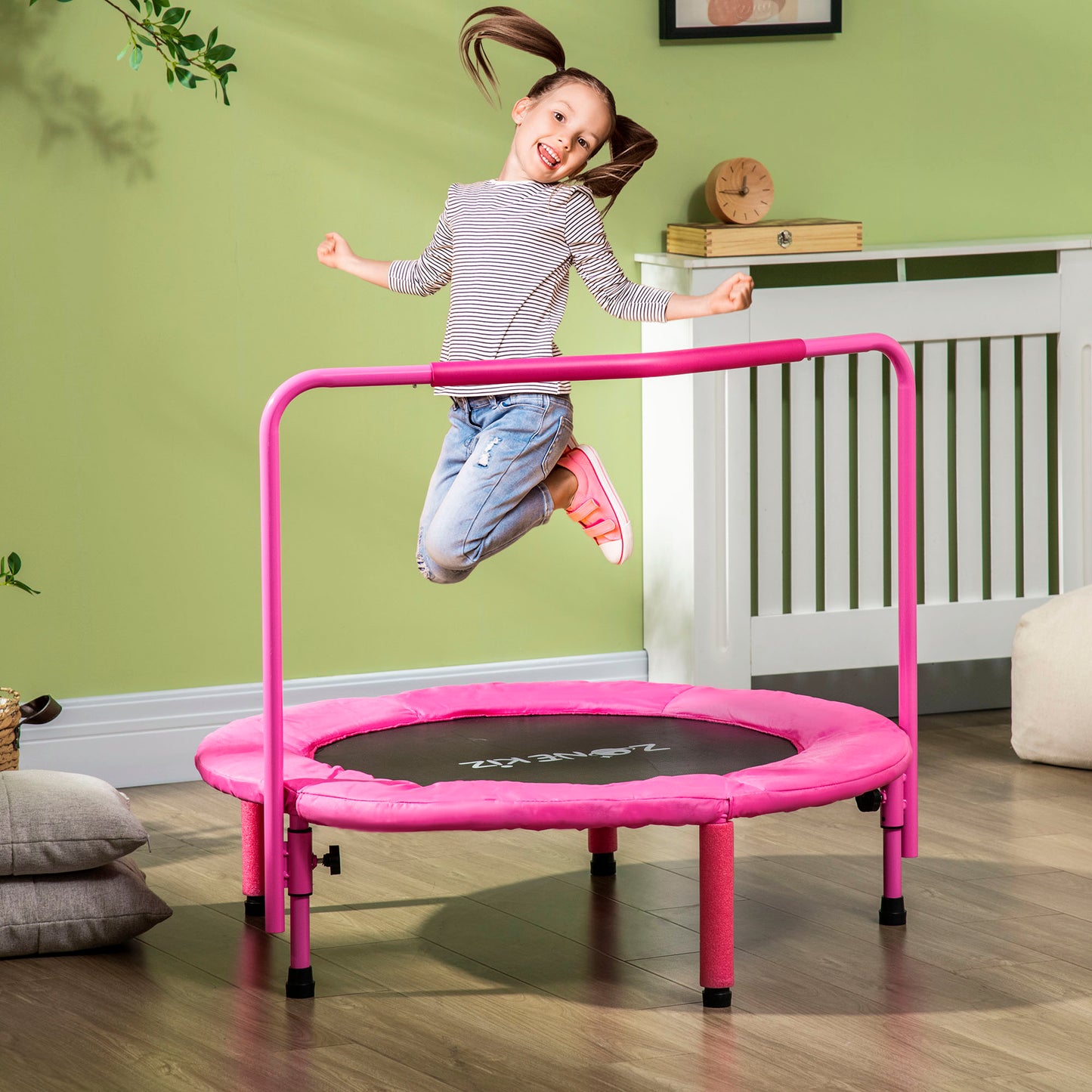 ZONEKIZ 3 en 1 Cama Elástica Infantil Ø66 cm Trampolín para Niños de 1-6 Años con Mango Extraíble Mini Trampolín para Interiores Carga 50 kg Ø96x74 cm Rosa