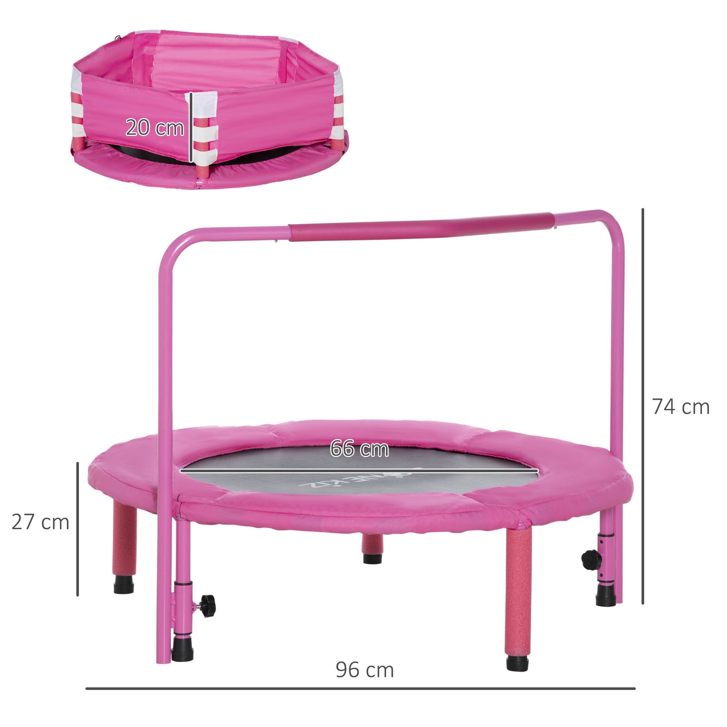 ZONEKIZ 3 en 1 Cama Elástica Infantil Ø66 cm Trampolín para Niños de 1-6 Años con Mango Extraíble Mini Trampolín para Interiores Carga 50 kg Ø96x74 cm Rosa