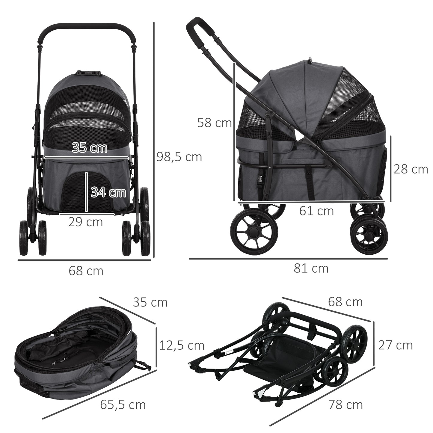 PawHut Carrito para Perros 2 en 1 Cochecito para Perros Pequeños Plegable Cochecito para Mascotas con 2 Correas de Seguridad 2 Bolsillos Laterales Cojín Lavable y Ruedas Universales Gris Oscuro