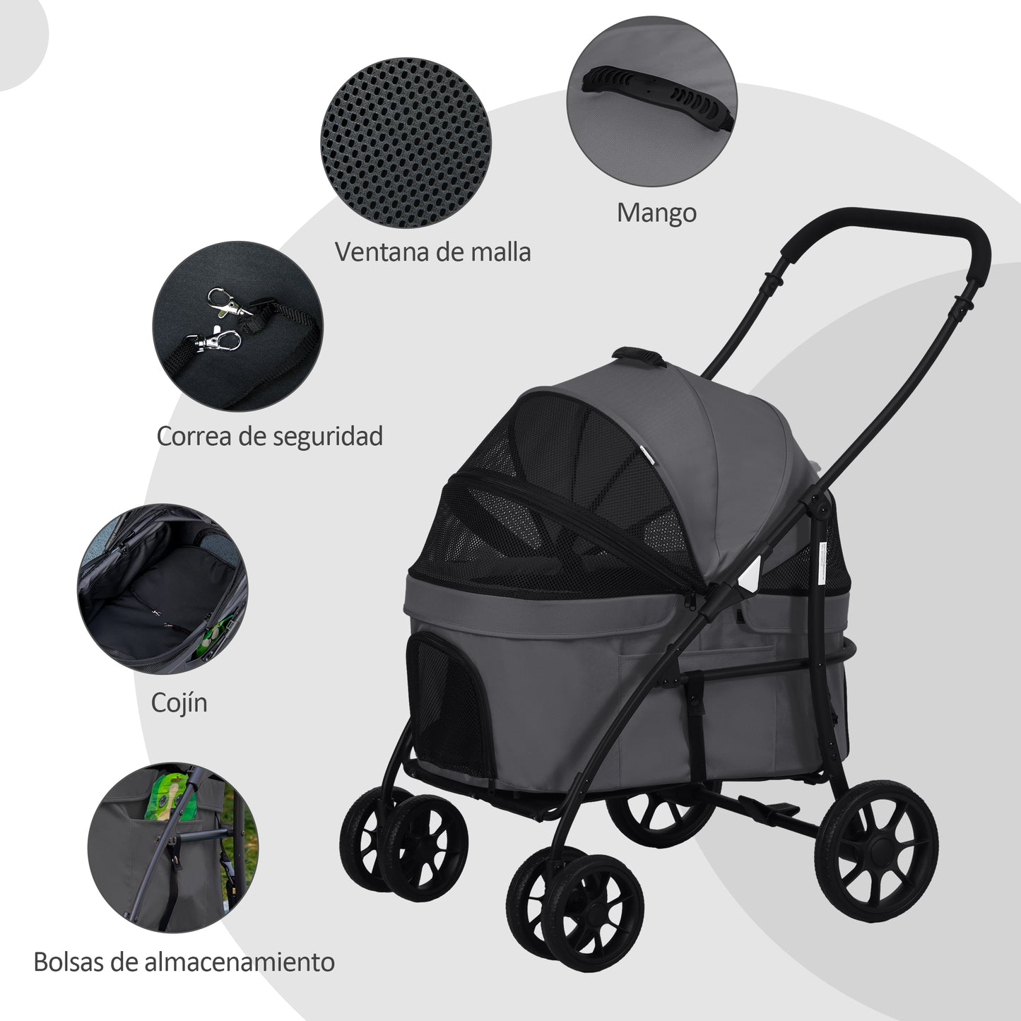 PawHut Carrito para Perros 2 en 1 Cochecito para Perros Pequeños Plegable Cochecito para Mascotas con 2 Correas de Seguridad 2 Bolsillos Laterales Cojín Lavable y Ruedas Universales Gris Oscuro