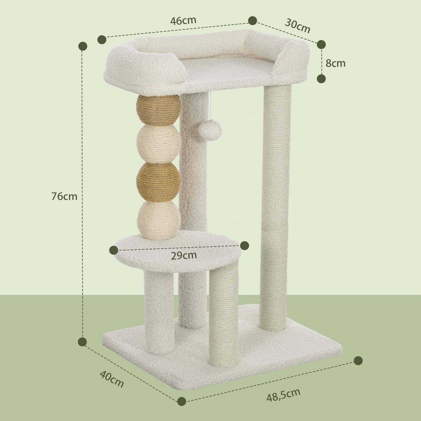 PawHut Árbol Rascador para Gatos Altura 76 cm Árbol para Gatos Torre para Gatos con Revestimiento de Borreguillo Plataformas Bola Colgante y Poste de Yute Beige