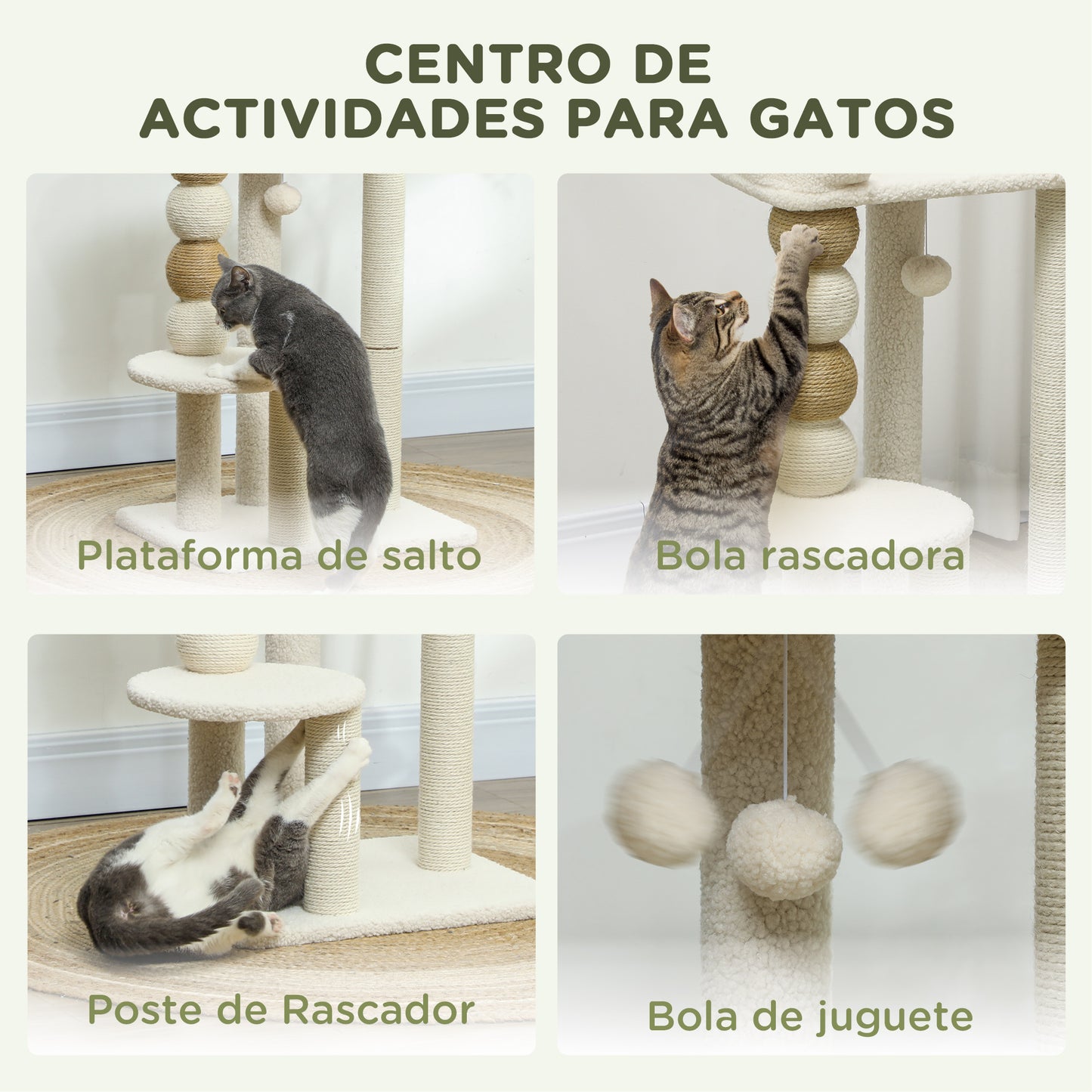 PawHut Árbol Rascador para Gatos Altura 76 cm Árbol para Gatos Torre para Gatos con Revestimiento de Borreguillo Plataformas Bola Colgante y Poste de Yute Beige