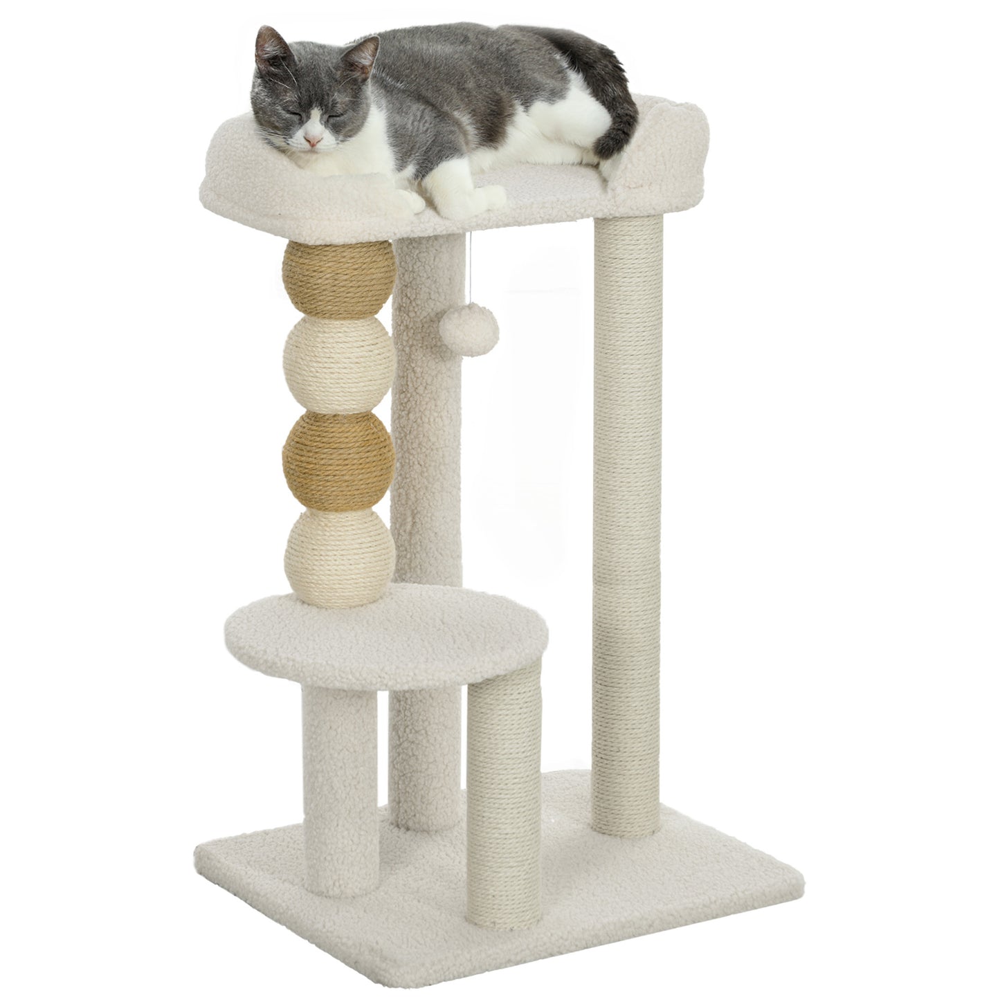 PawHut Árbol Rascador para Gatos Altura 76 cm Árbol para Gatos Torre para Gatos con Revestimiento de Borreguillo Plataformas Bola Colgante y Poste de Yute Beige