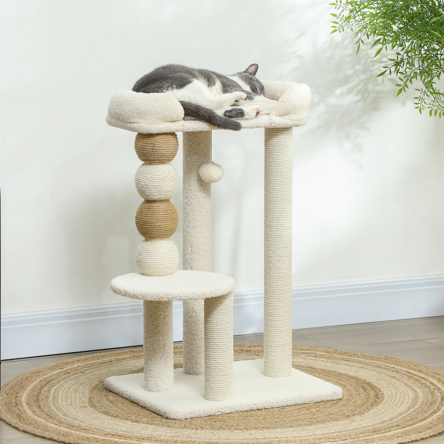 PawHut Árbol Rascador para Gatos Altura 76 cm Árbol para Gatos Torre para Gatos con Revestimiento de Borreguillo Plataformas Bola Colgante y Poste de Yute Beige