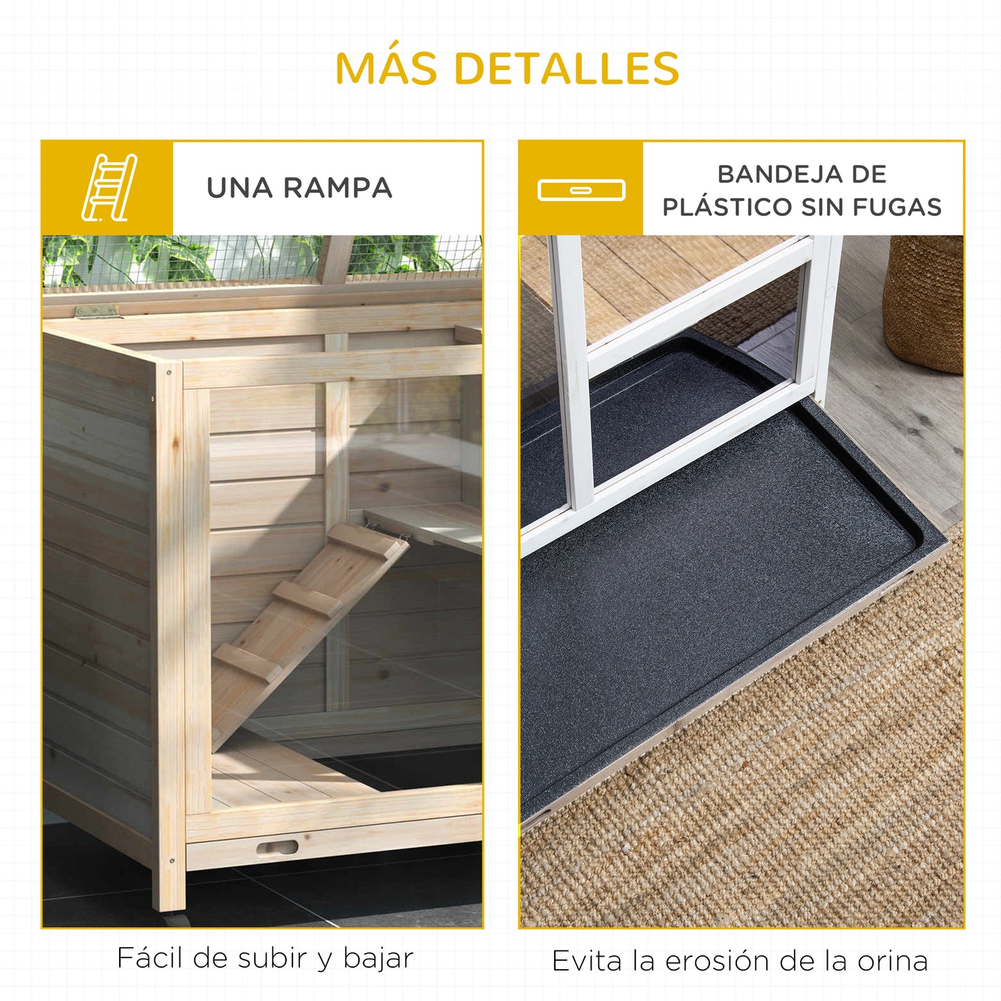 PawHut Conejera de Madera con Ruedas 91,5x53,3x73 cm Jaula para Conejos de 2 Niveles con Techo Abatible Bandeja Extraíble y Rampa Natural