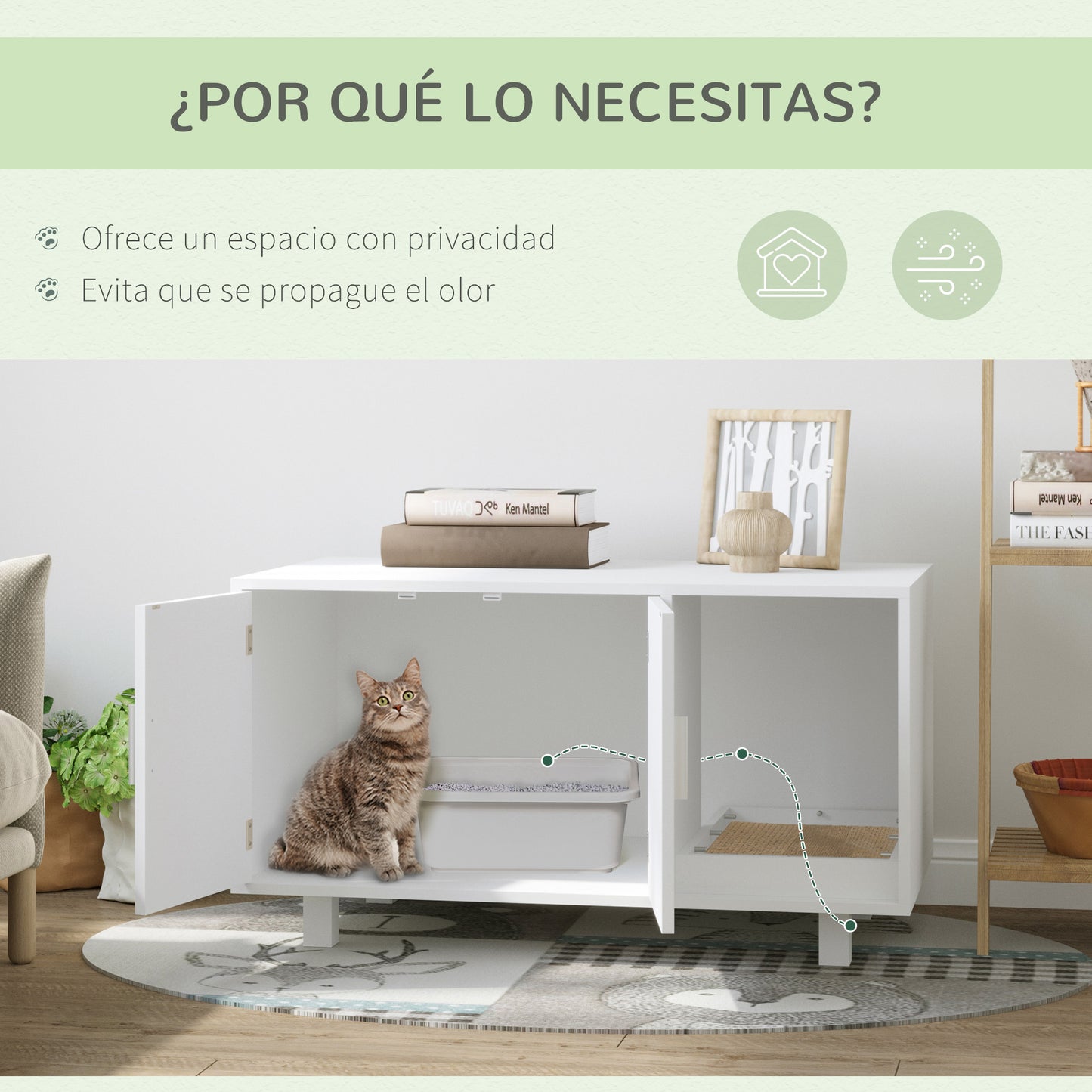 PawHut Arenero para Gatos Mueble Arenero para Gatos con Puerta Rascador para Gatos Caja de Arena para Gatos para Interior 91x52x50,5 cm Blanco