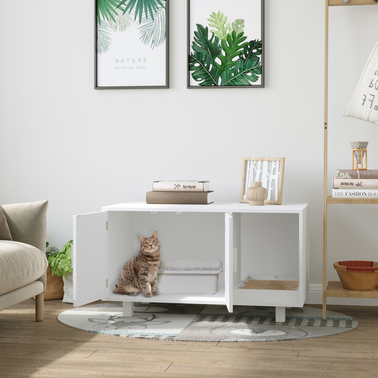 PawHut Arenero para Gatos Mueble Arenero para Gatos con Puerta Rascador para Gatos Caja de Arena para Gatos para Interior 91x52x50,5 cm Blanco