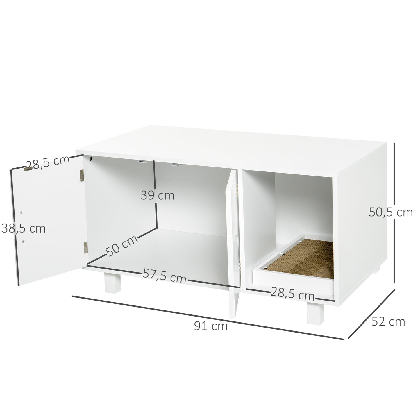 PawHut Arenero para Gatos Mueble Arenero para Gatos con Puerta Rascador para Gatos Caja de Arena para Gatos para Interior 91x52x50,5 cm Blanco