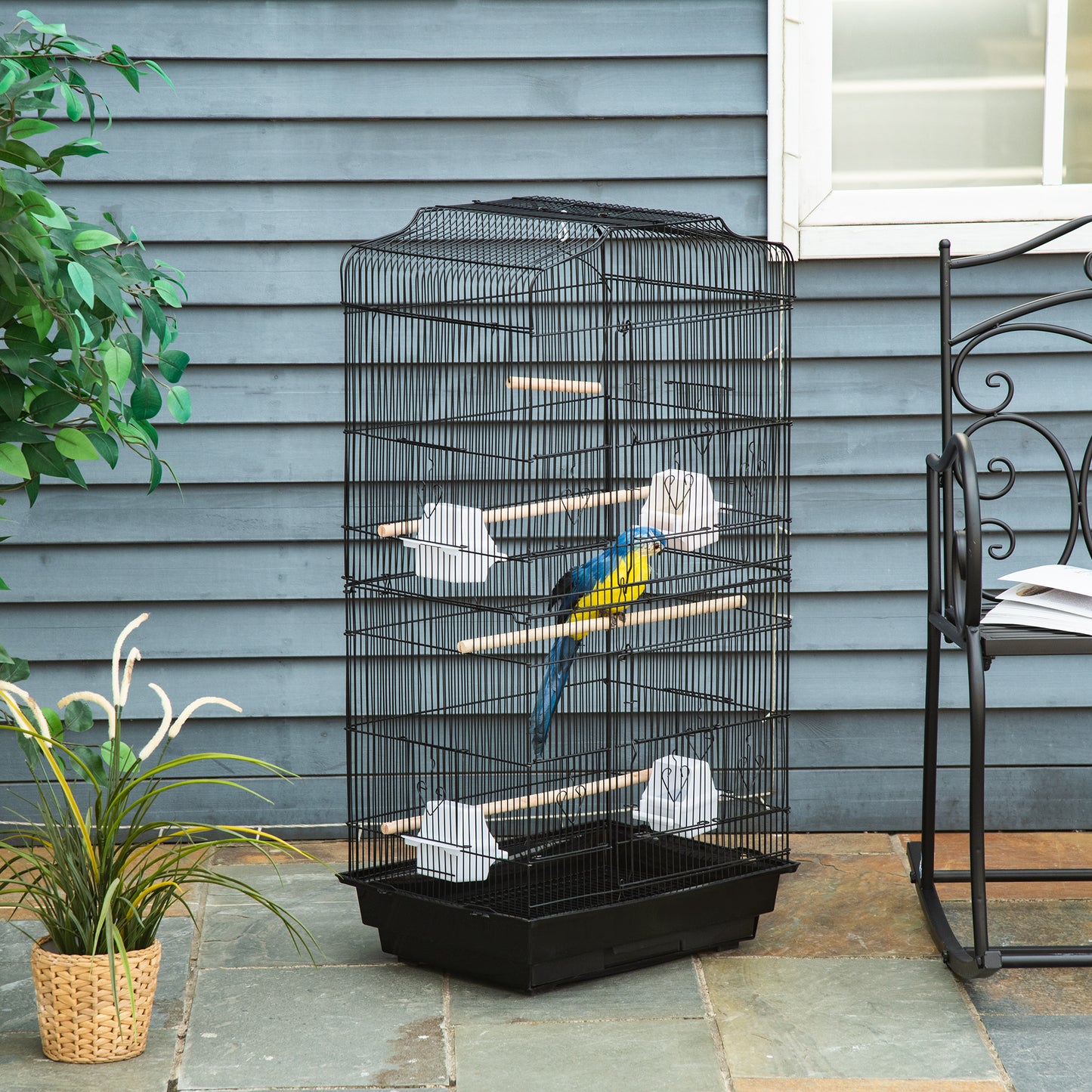 PawHut Jaula para Pájaros 46,5x35,5x92 cm Pajarera de Metal con Puertas 4 Comederos 3 Perchas Columpio Bandeja Extraíble y Asa de Transporte para Loro Canario Periquito Negro